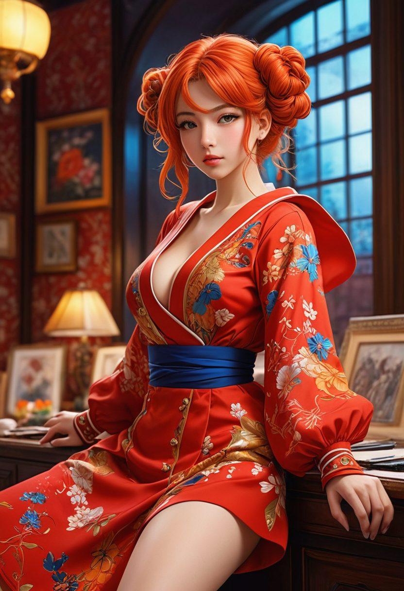 A captivating blend of vibrant anime characters in dynamic poses, surrounded by visually striking backgrounds that reflect both whimsy and sensuality. Include intricate details in the characters' expressions and outfits, showcasing the artful style of hentai while maintaining an elegant allure. The color palette should be bold and vivid to embody the creativity of the genre. Incorporate elements that hint at artistic creation, like sketchbooks and paintbrushes, in the background. surrealistic. vibrant colors. whimsical aesthetic.