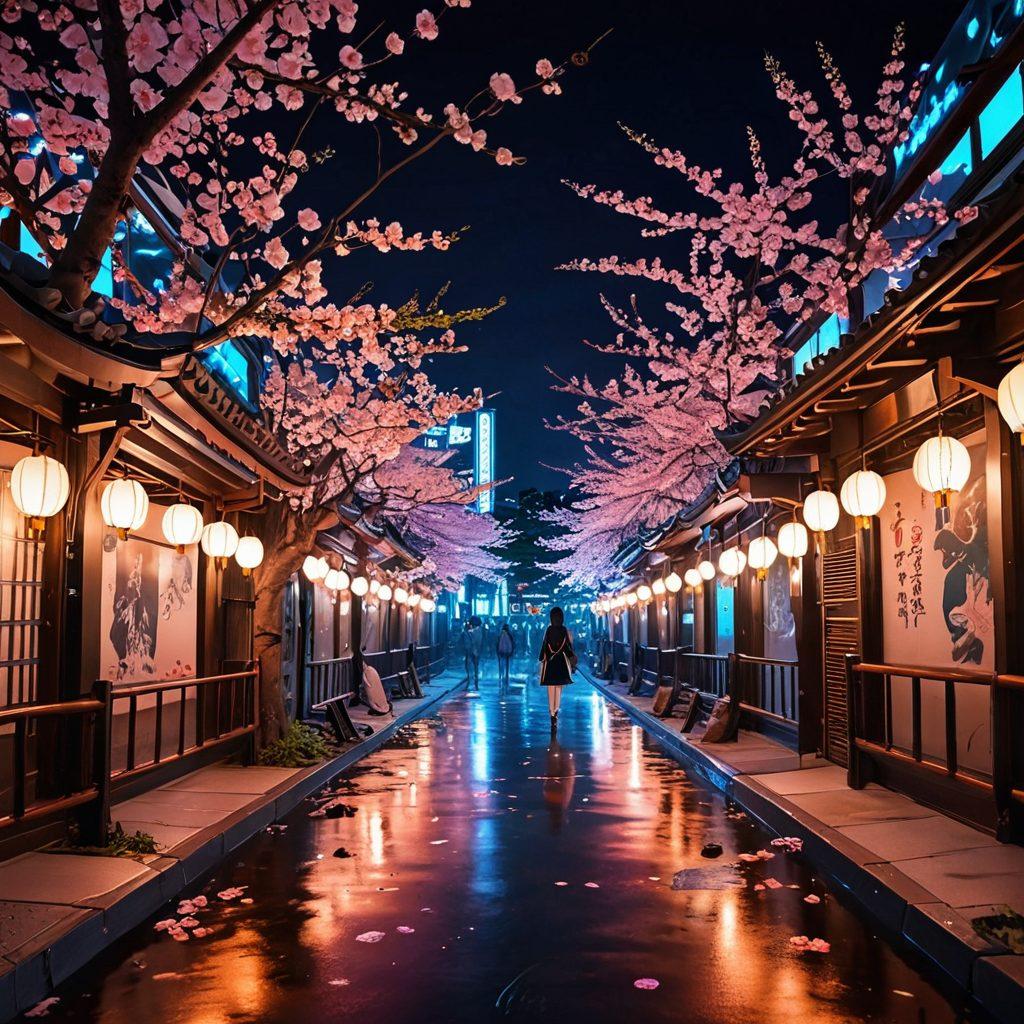 A surreal blend of fantasy and reality showcasing a vibrant landscape where whimsical characters from anime-style hentai interact in a modern adult entertainment setting. Include elements of traditional Japanese culture, such as cherry blossoms and lanterns, merging with neon lights and futuristic motifs. Highlight the contrast between playful innocence and adult themes, with a soft yet intriguing atmosphere. The characters should exhibit strong emotions, drawing the viewer into their world. vibrant colors. cyberpunk. super-realistic.